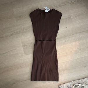 Wilfred Chocolate Brown Ribbed Cutout Midi Dress